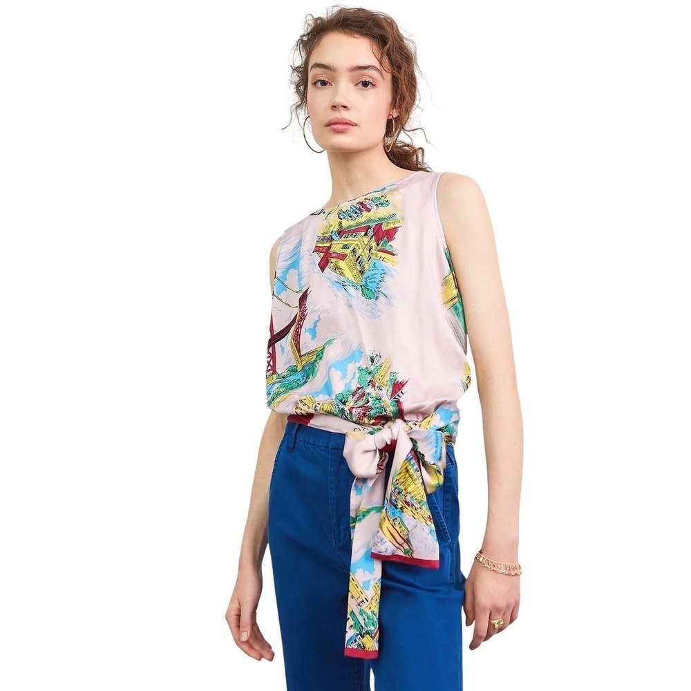 Tiny Anthropologie Postcard‎ Wrap Top Women XS Pink San Francisco Coastal Travel